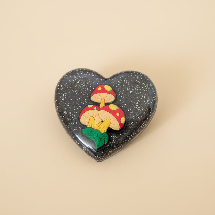Pin - 3D Mushroom heart resin pin with silver butterfly clutch