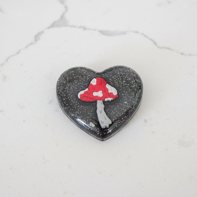 Pin - 3D Mushroom heart resin pin with silver butterfly clutch