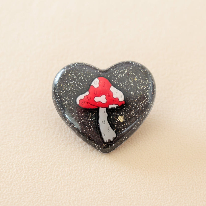 Pin - 3D Mushroom heart resin pin with silver butterfly clutch