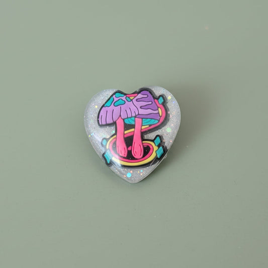 Pin - 3D Mushroom resin heart pin with silver butterfly clutch