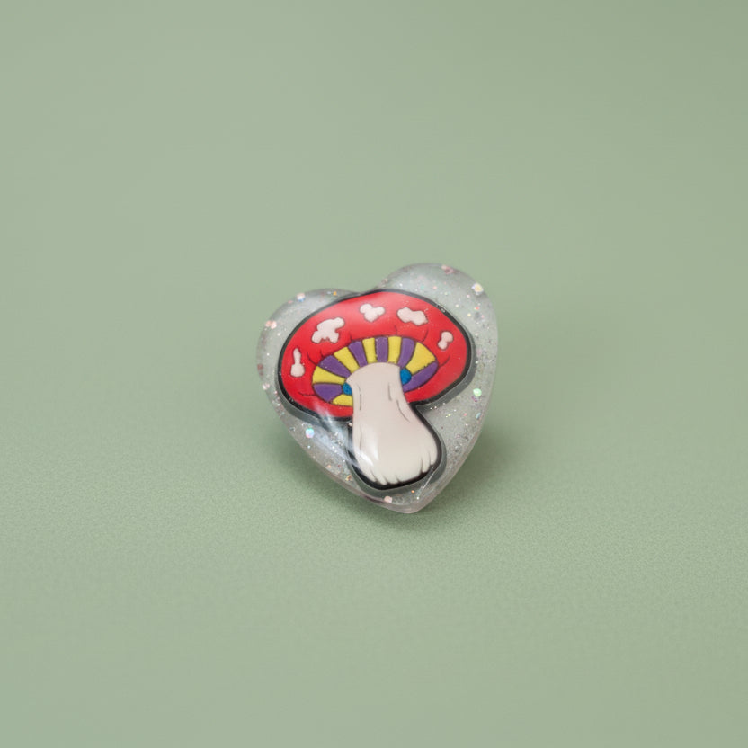 Pin - 3D Mushroom resin heart pin with silver butterfly clutch