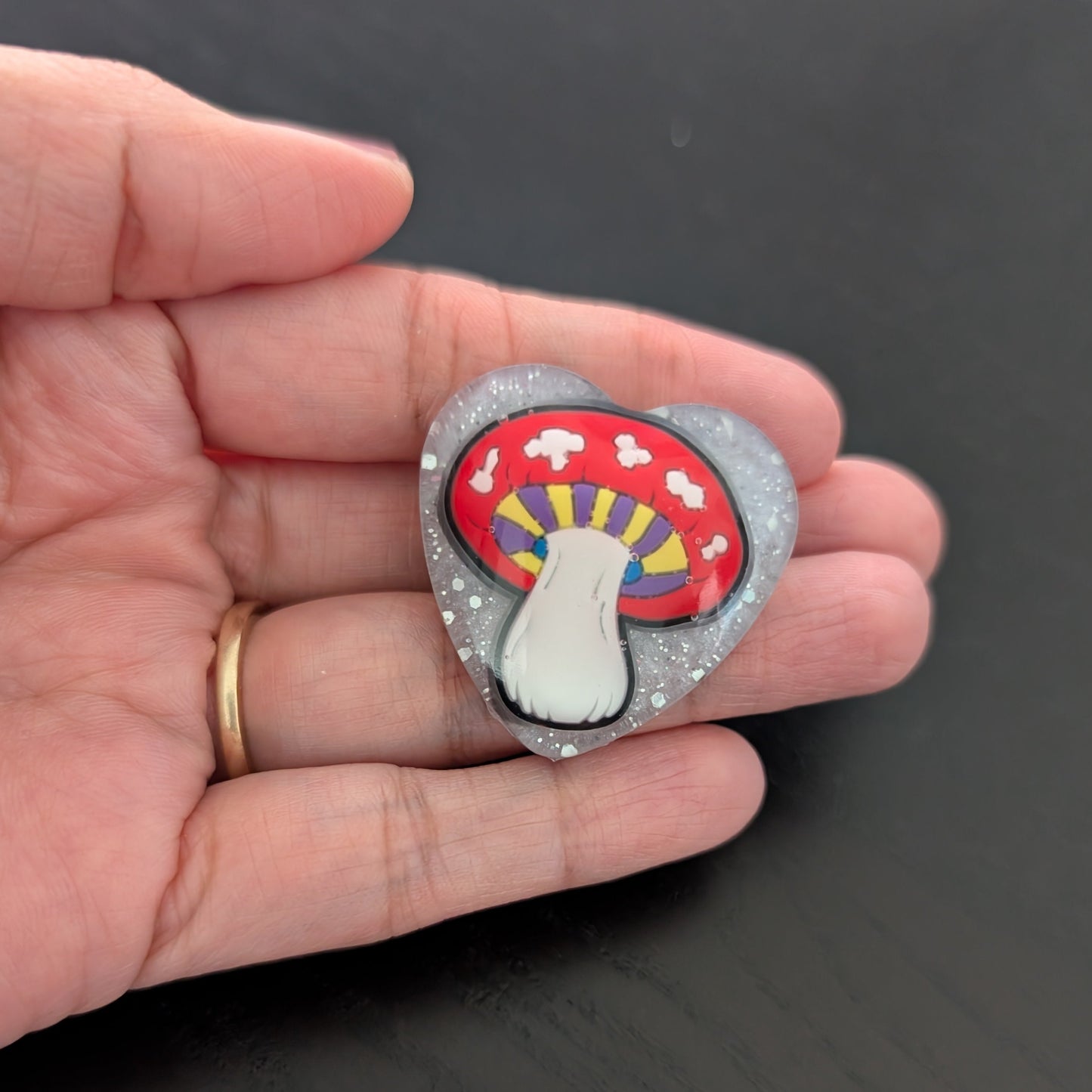 Pin - 3D Mushroom resin heart pin with silver butterfly clutch