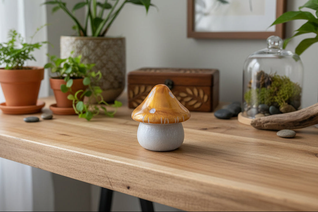 Mushroom-shaped object on a wooden surface