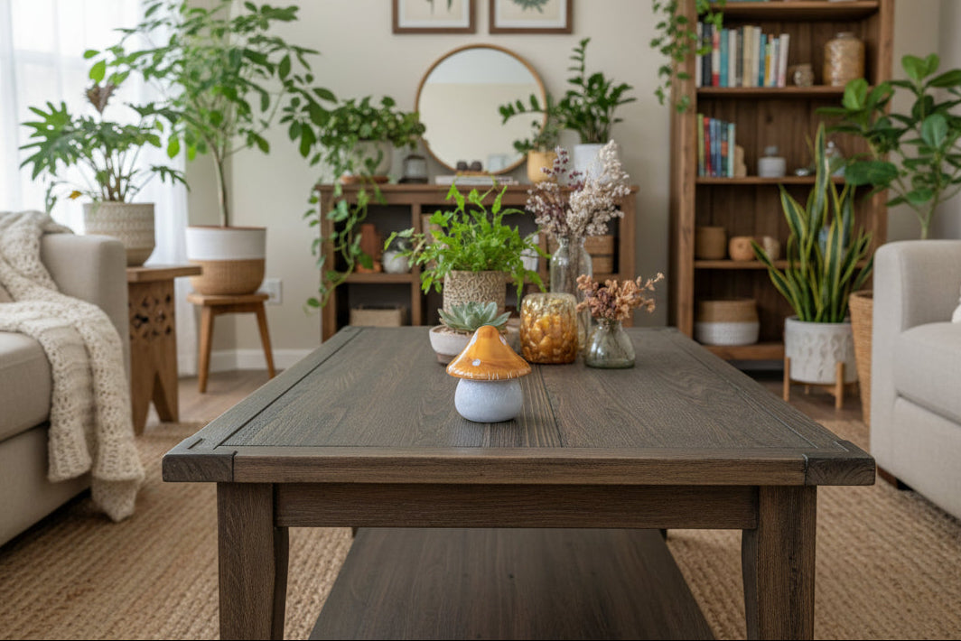 Living room with a wooden coffee table, couches, and various plants.