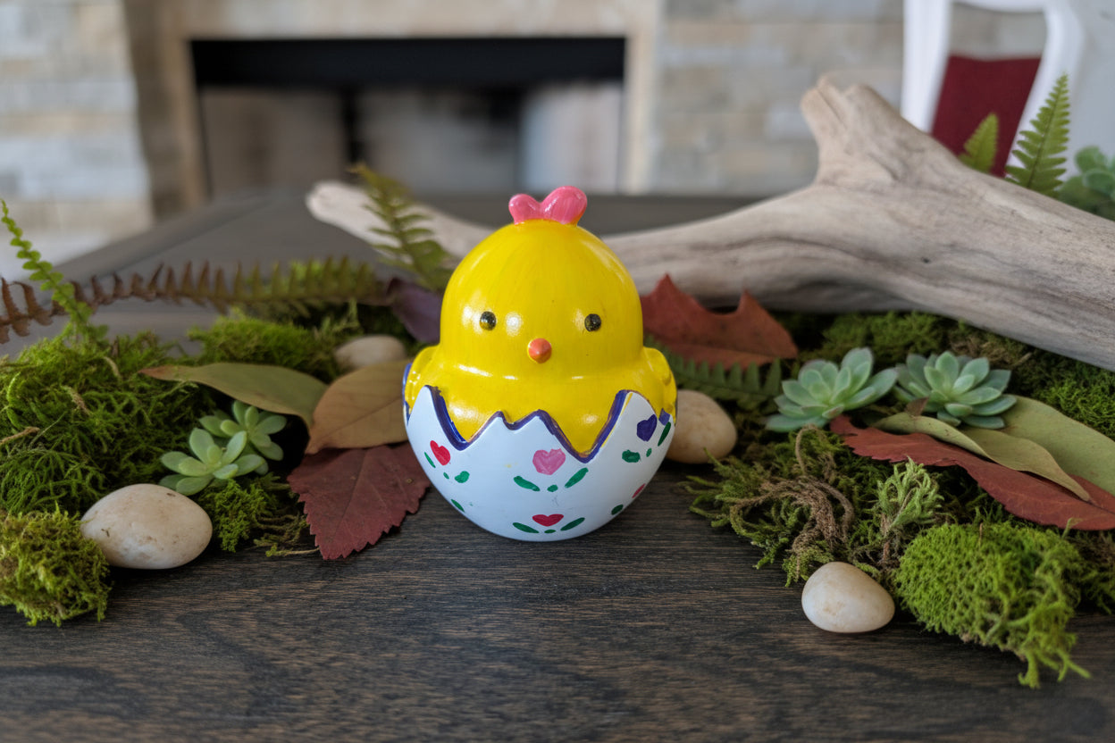 Yellow chick toy in an egg on a wooden table