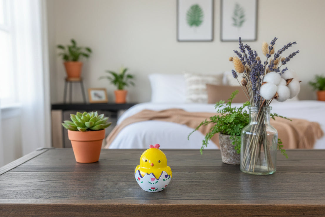 Yellow chick toy with a pink bow on top, sitting on a wooden surface.