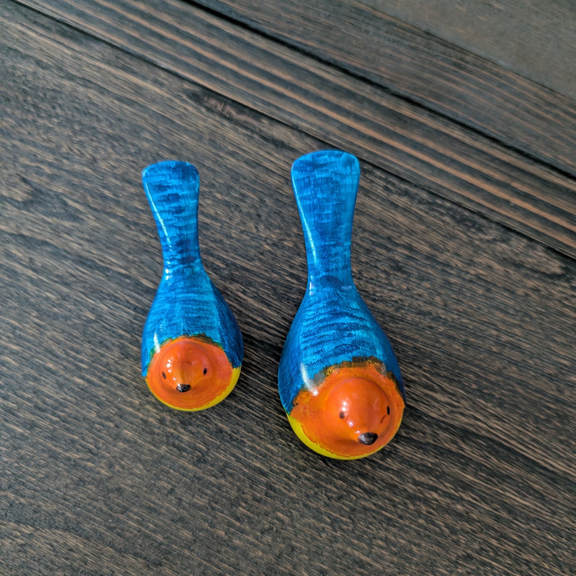 Two blue and orange birds a wooden surface