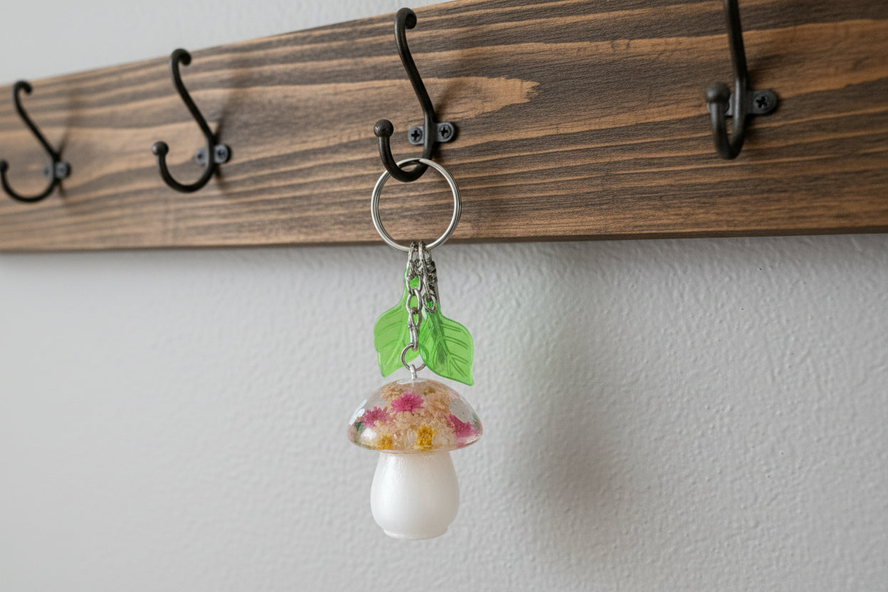 Mushroom-shaped keychain with floral design on a wooden surface