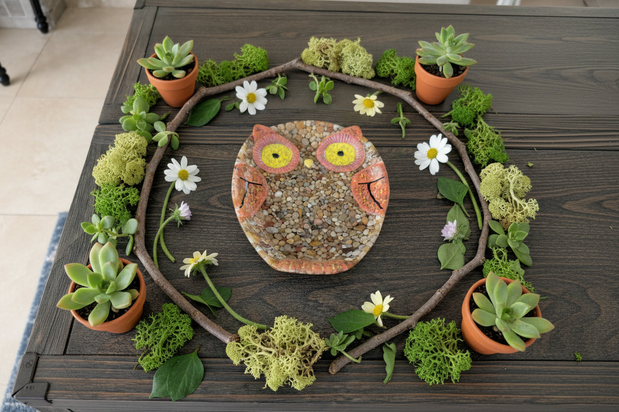 Hand-Painted Stone & Resin Owl Trinket Dish – Large River Rock Mosaic Valet Tray