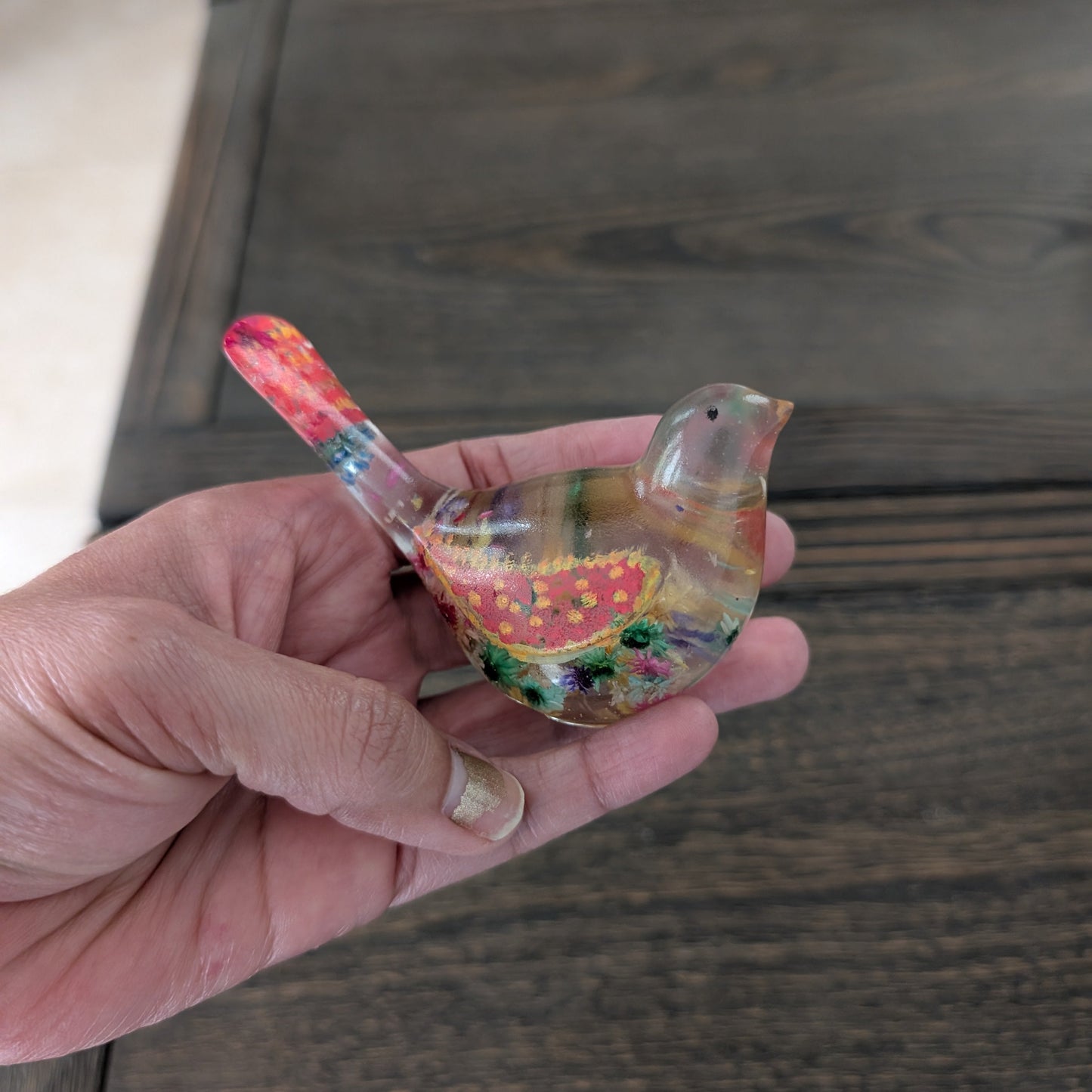 Vibrant Floral Bird Sculpture | Hand-Poured Epoxy Resin Art