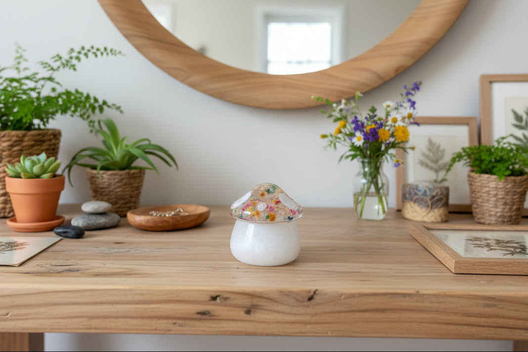Decorative resin mushroom with colorful top on a wooden surface