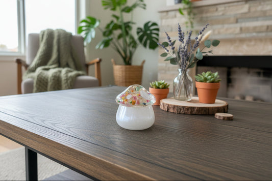 Decorative resin mushroom with colorful interior on a wooden surface