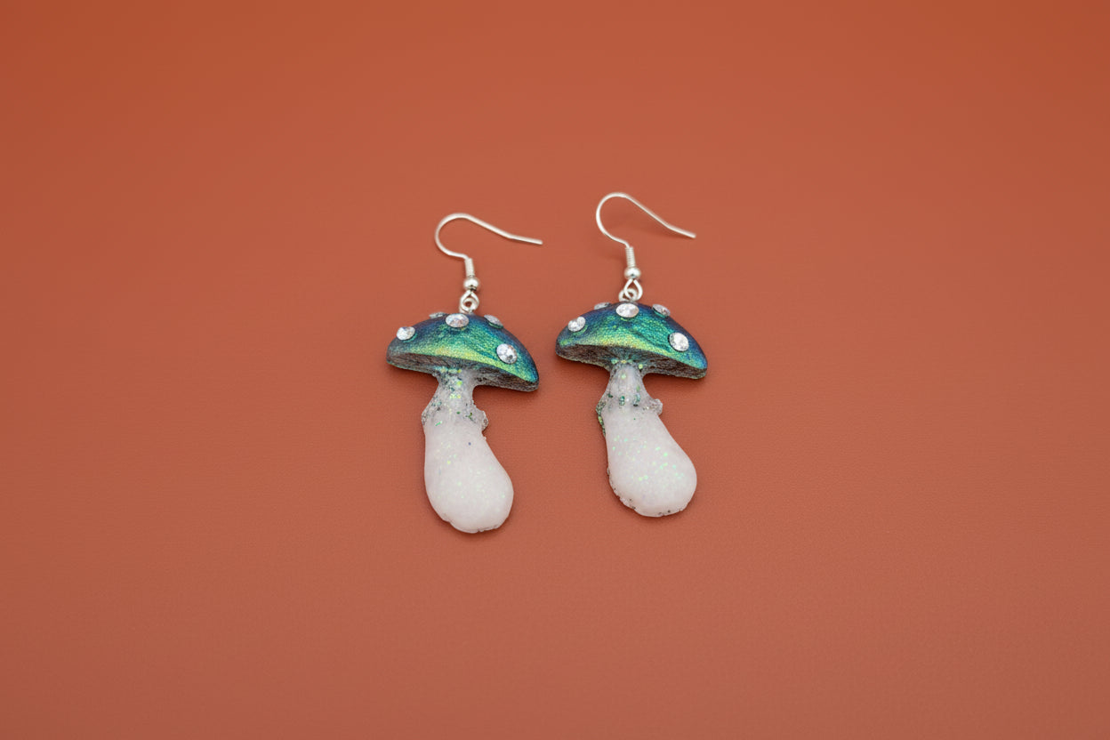 Earrings - Resin Whimsical Mushroom on Sterling Silver 925 hook