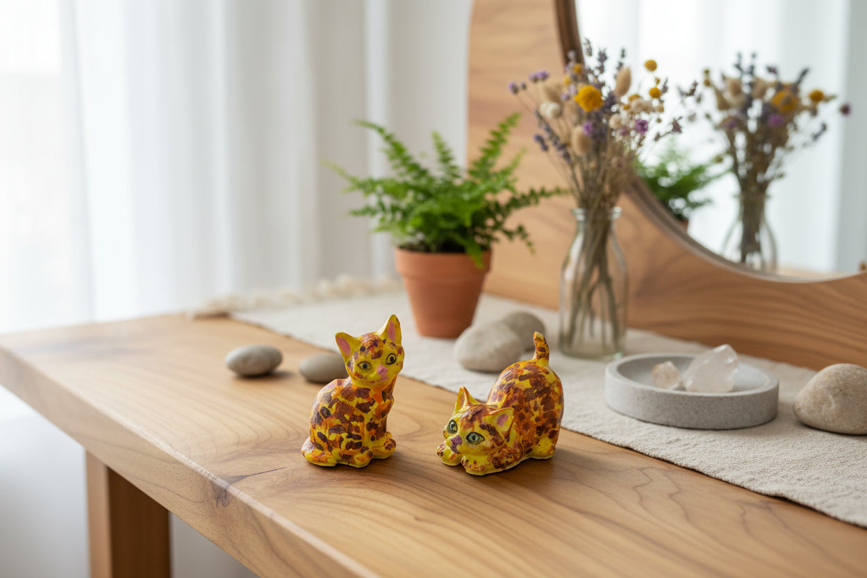 Two small figurines of cats with a leopard print pattern on a desk.
