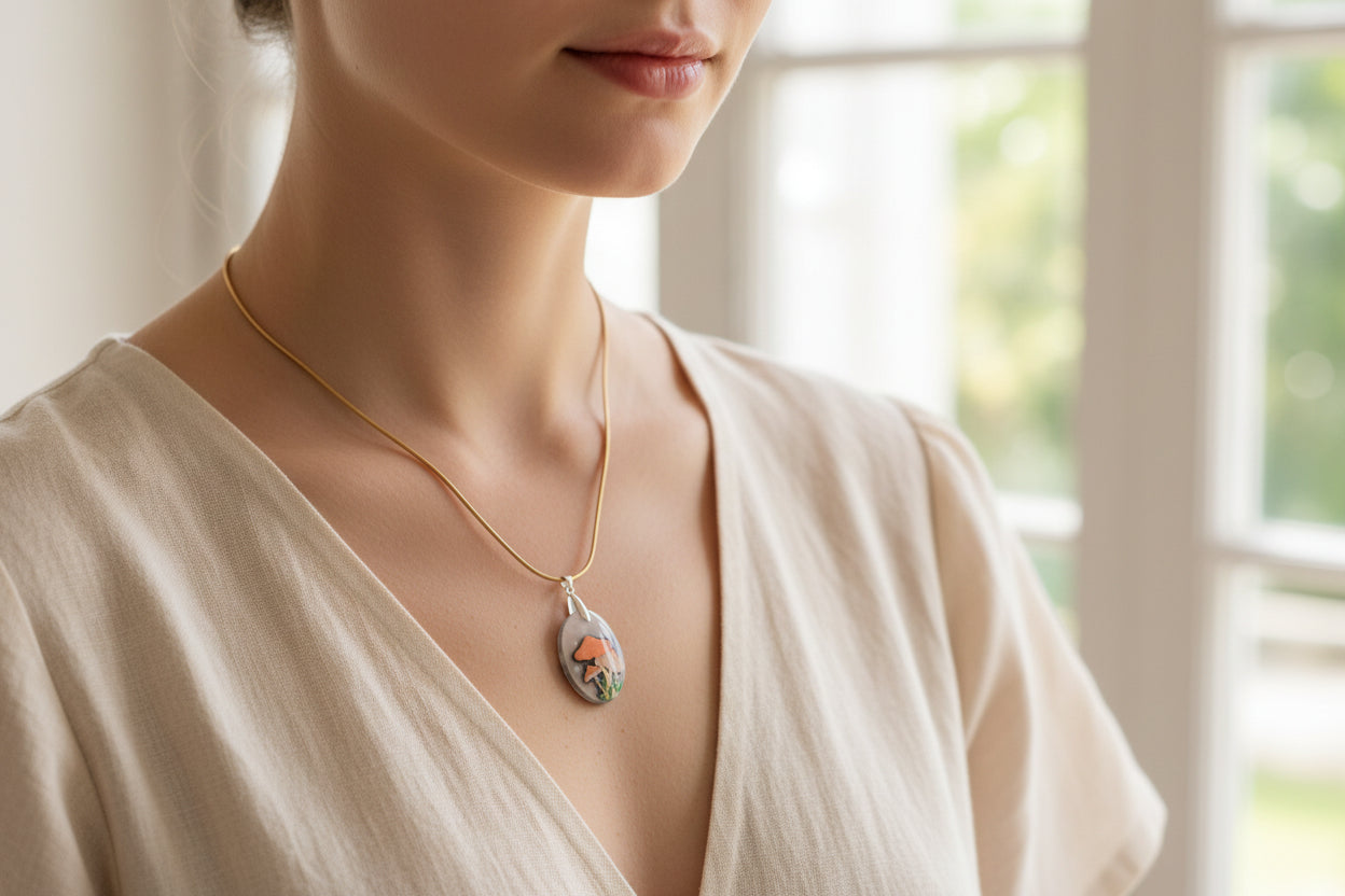 Necklace with a pendant featuring mushrooms on a model