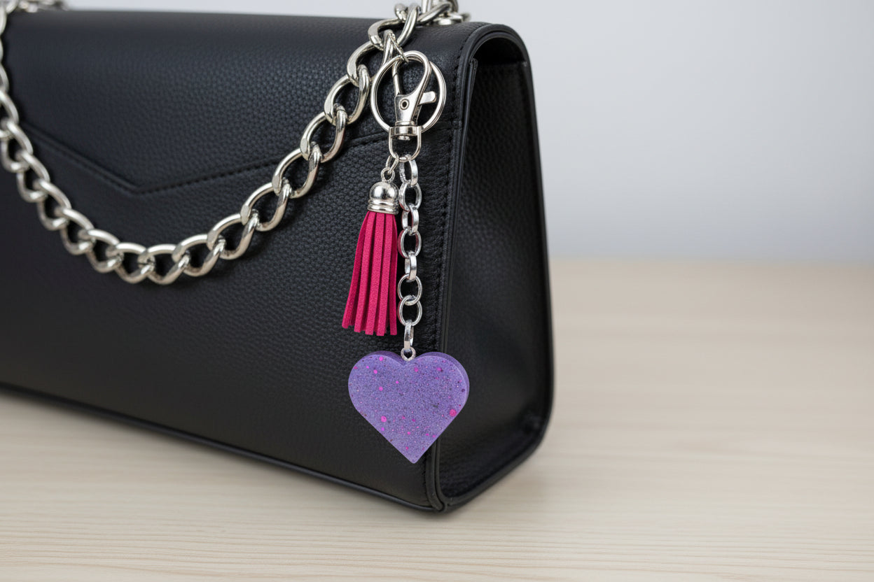 Heart Resin Keychain & Purse Accessory with Suede Tassel