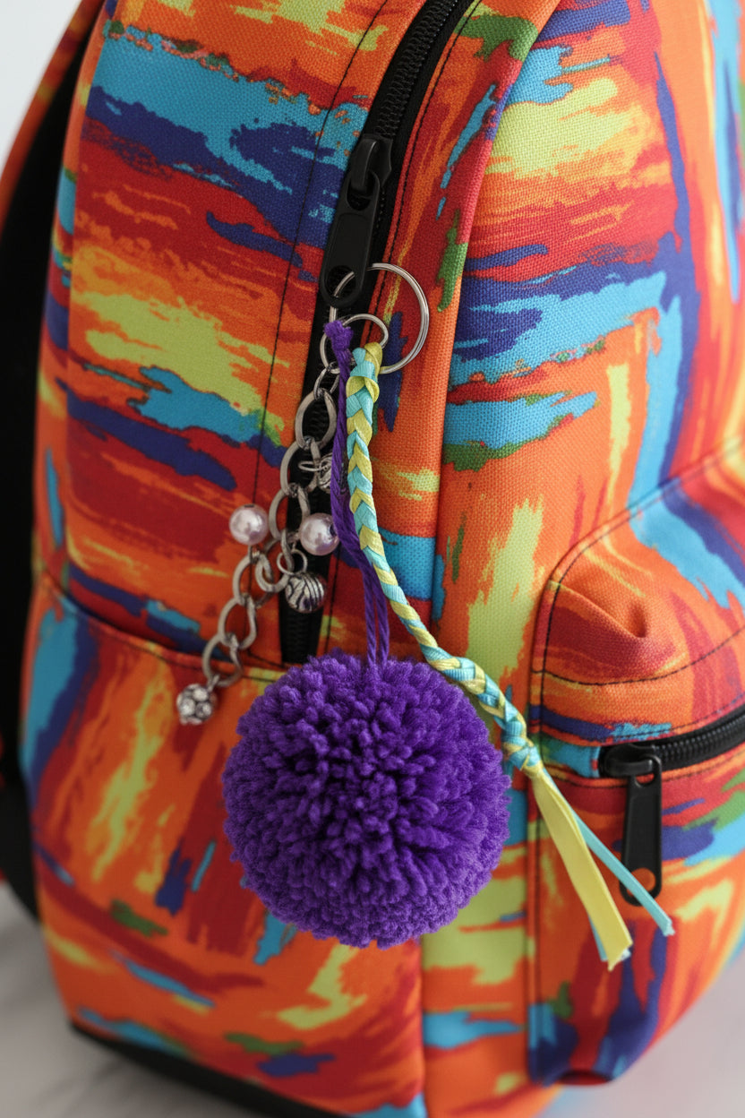 Colorful backpack with a purple pom-pom keychain