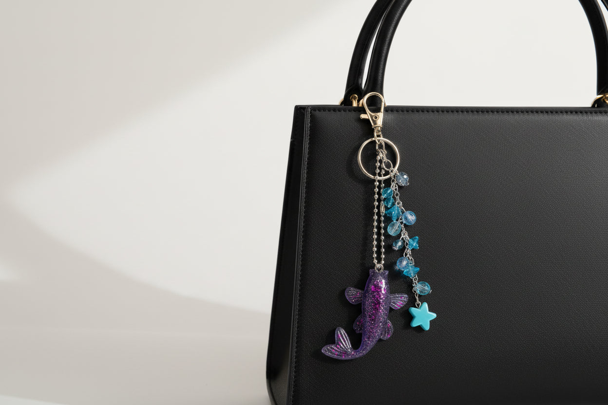 Black handbag with a decorative keychain featuring a purple resin fish and blue beads.