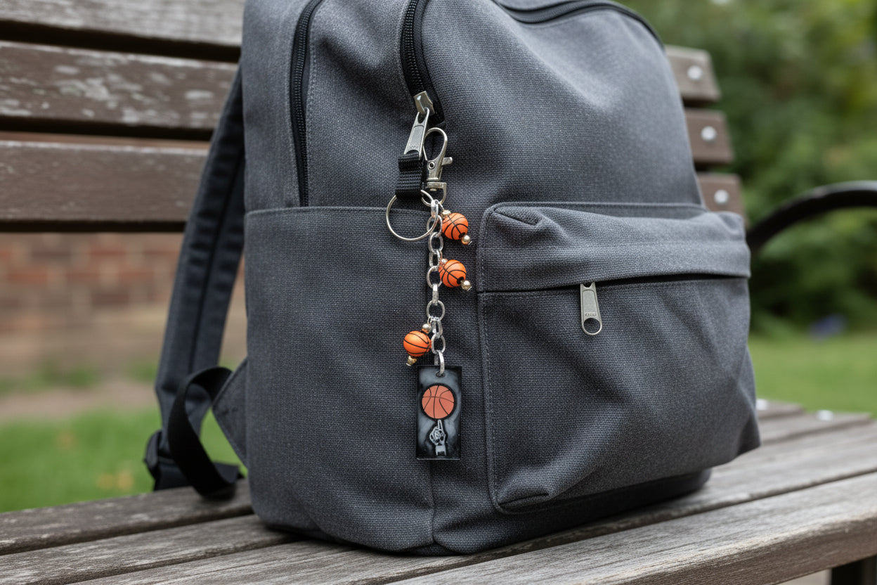 Basketball-themed keychain with three small basketballs on a black backpack