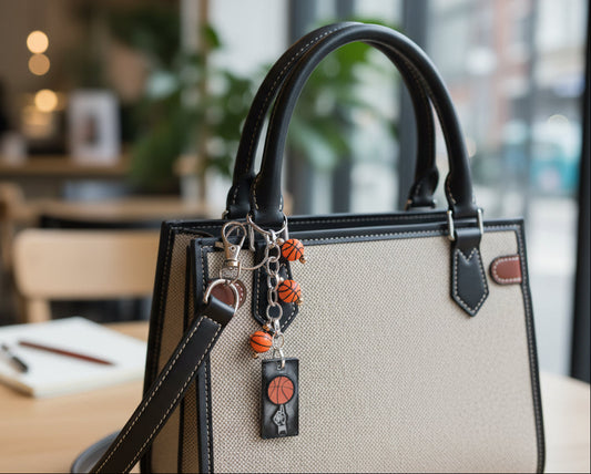Keychain with basketball design on a bag