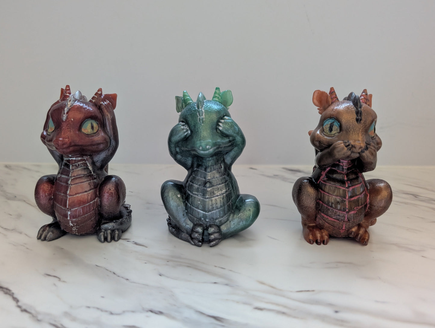 The Three Wise Dragons – Hand-Painted Metallic Resin Art