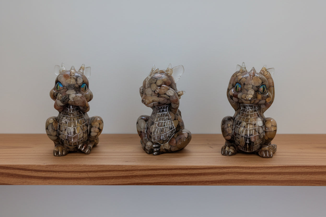Guardian of Wisdom: "No Evil" Rock & Resin Dragon Figurines