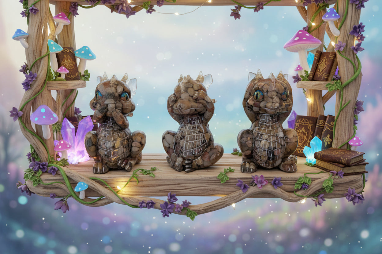 Guardian of Wisdom: "No Evil" Rock & Resin Dragon Figurines