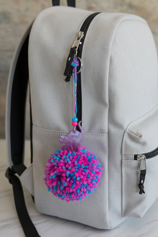 Gray backpack with a colorful pom-pom and a purple cat charm keychain attached
