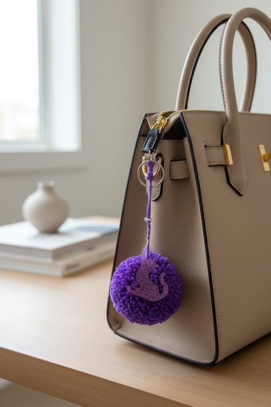 Beige handbag with a purple pom-pom and a purple resin cat charm keychain on a wooden surface.