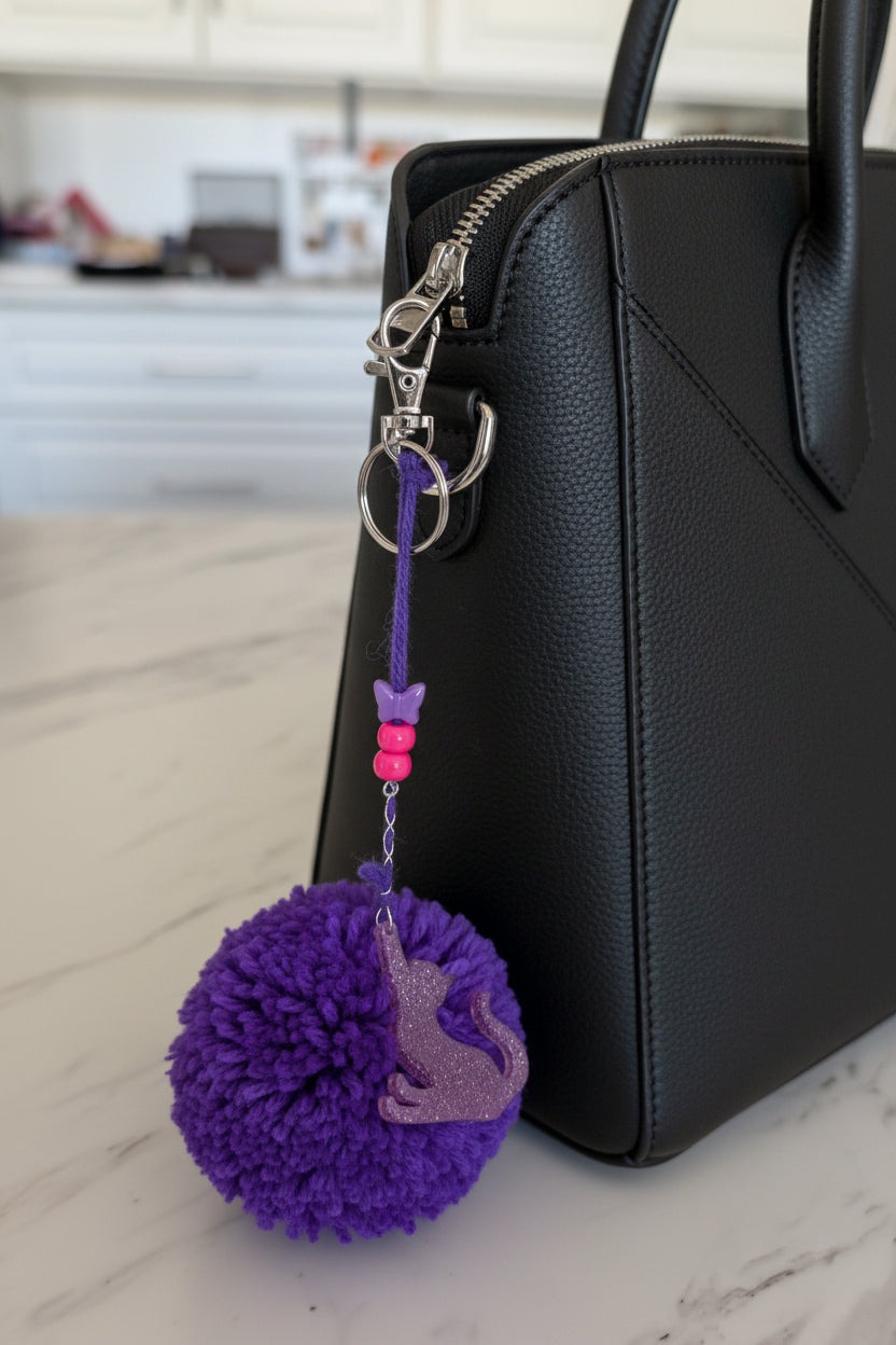 Purple pom-pom keychain with a cat design attached to a black handbag on a marble surface.