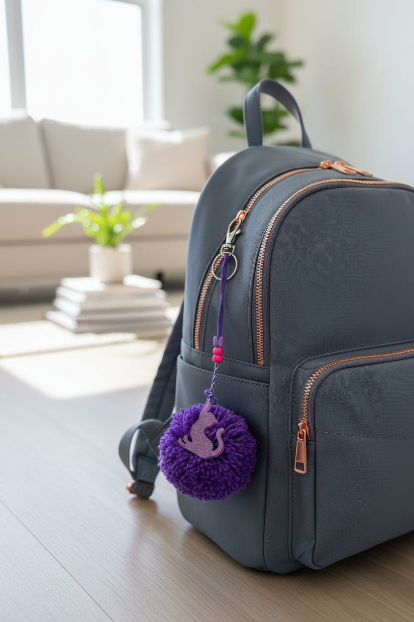 Gray backpack with a purple pom-pom and a cat charm on a wooden floor in a living room setting.
