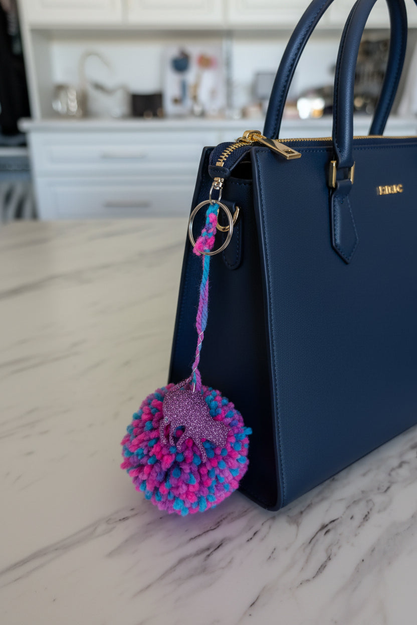 Blue handbag with a colorful pom-pom and purple resin cat charm keychain on a marble surface