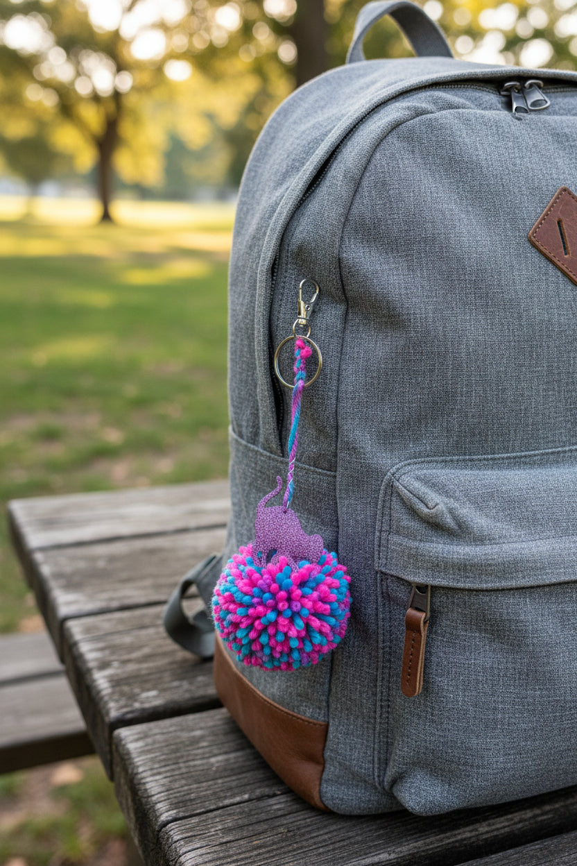 Gray backpack with a pink and purple pom-pom and purple cat charm keychain on a wooden surface outdoors.