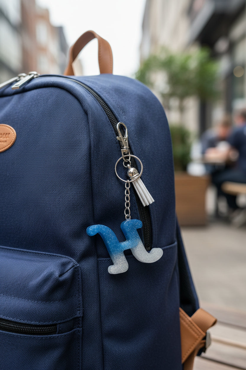 Letter H Keychain with blue, white and clear glittery design on a marble surface