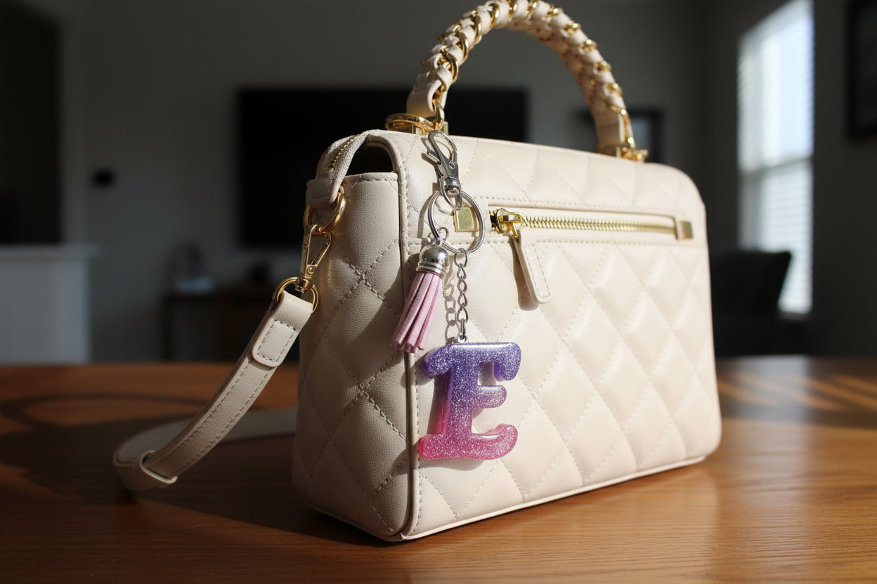 Beige handbag with Letter E keychain on a wooden surface