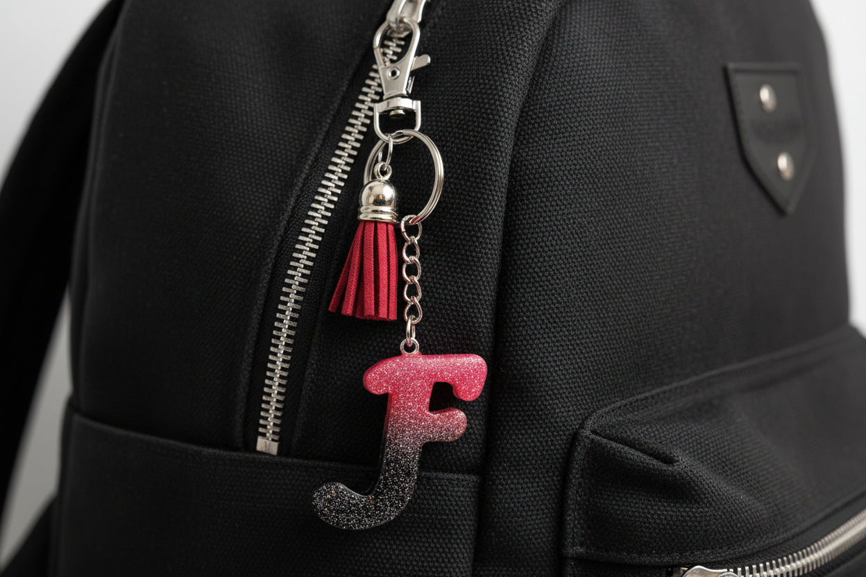 Keychain with letter 'F' and tassel attached to a black bag