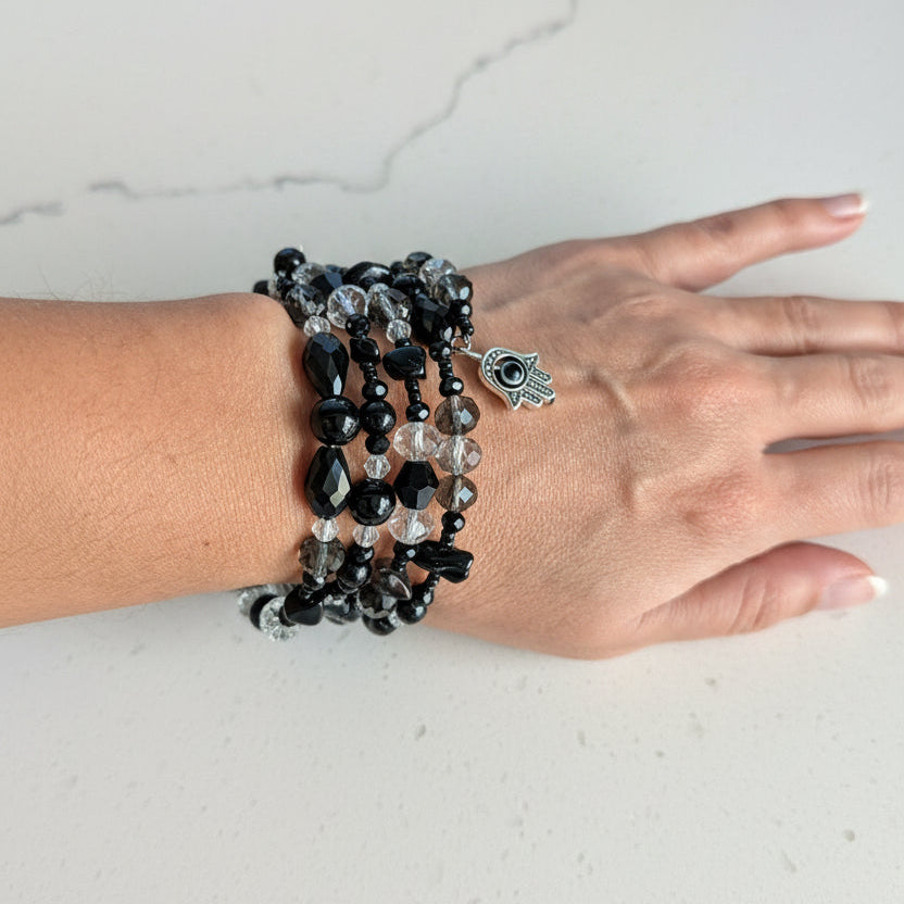 Black Glass & Crystal Multi-Wrap Bracelet with Hamsa Evil Eye Charm