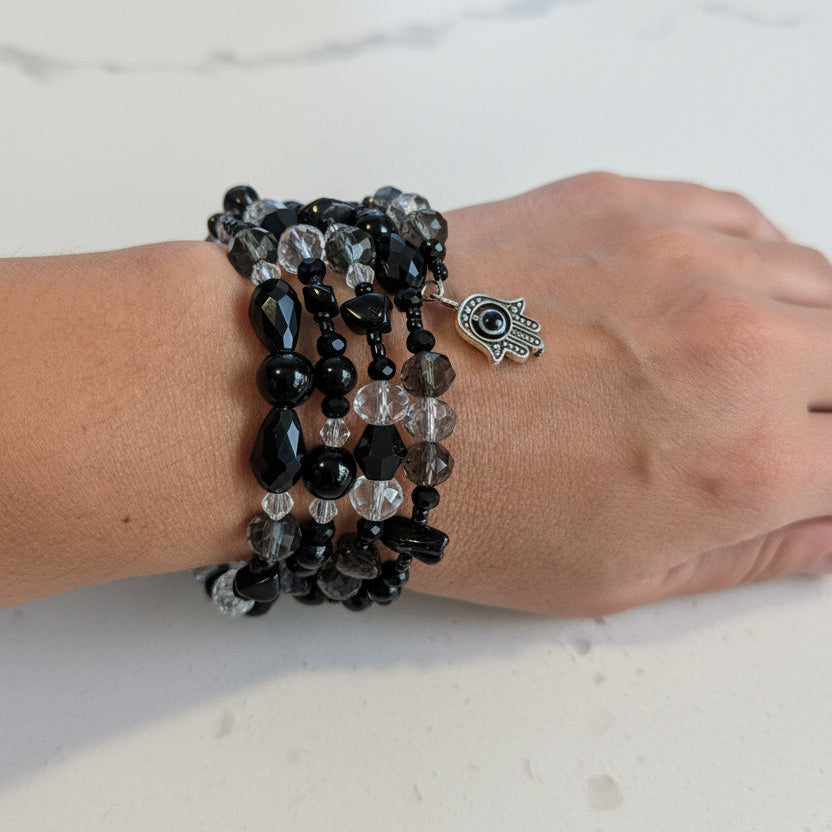 Black Glass & Crystal Multi-Wrap Bracelet with Hamsa Evil Eye Charm