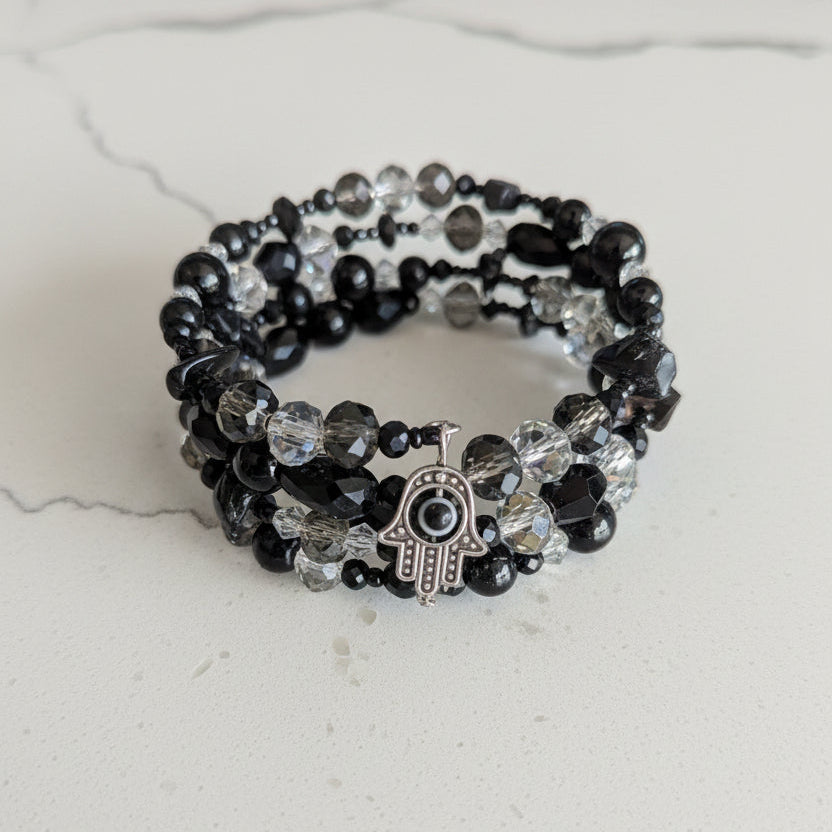 Black Glass & Crystal Multi-Wrap Bracelet with Hamsa Evil Eye Charm