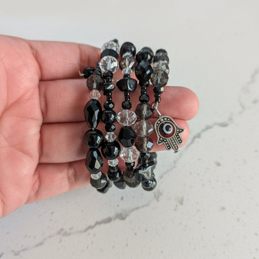 Black Glass & Crystal Multi-Wrap Bracelet with Hamsa Evil Eye Charm