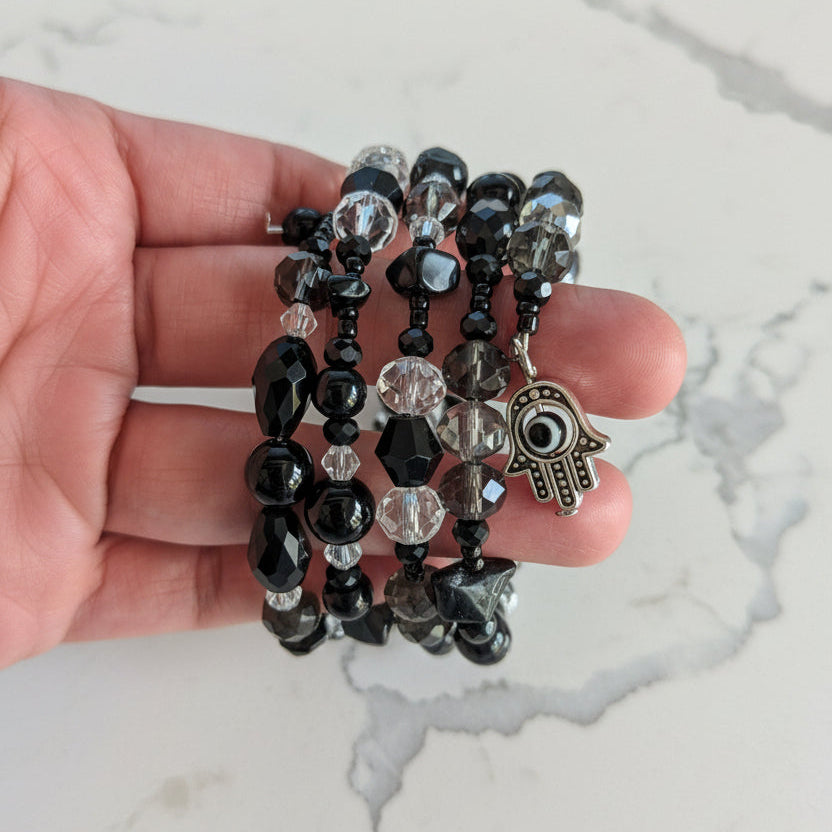 Black Glass & Crystal Multi-Wrap Bracelet with Hamsa Evil Eye Charm