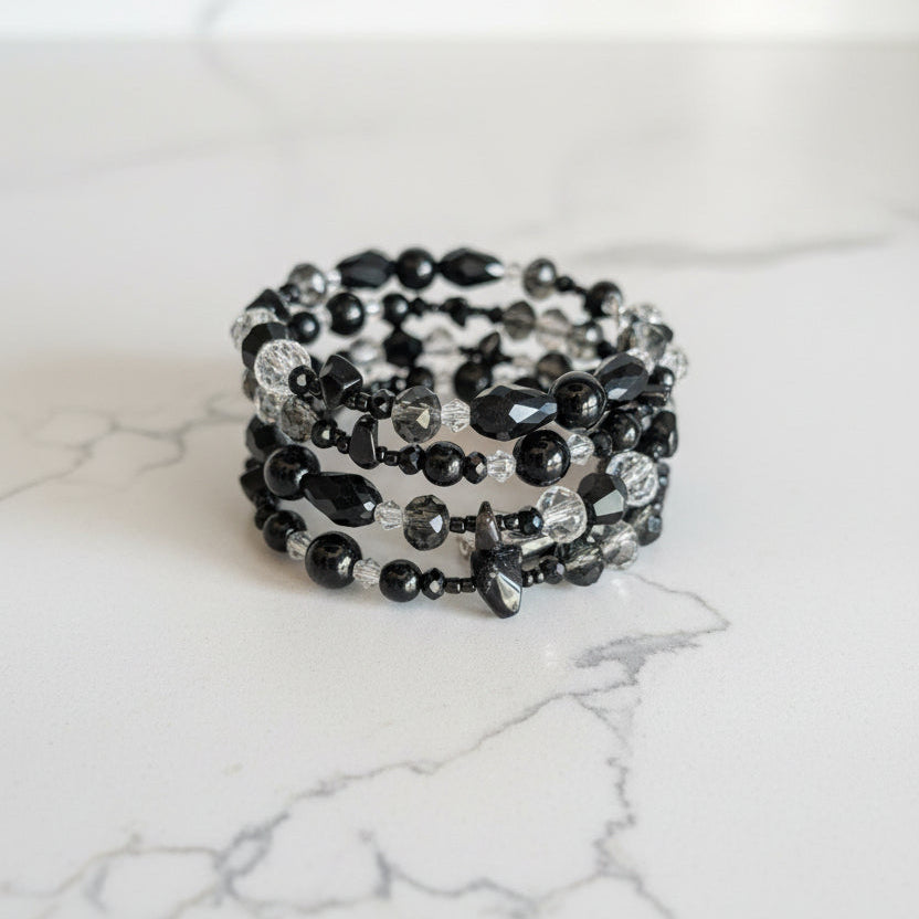 Black Glass & Crystal Multi-Wrap Bracelet with Hamsa Evil Eye Charm