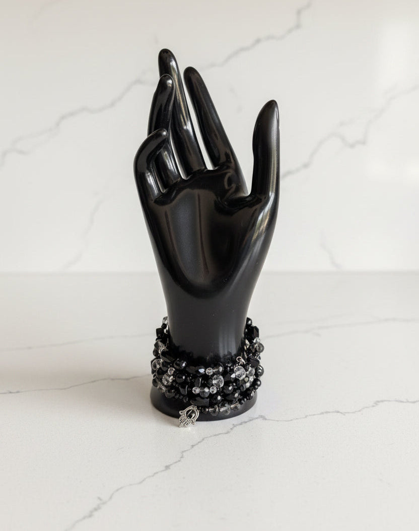 Black Glass & Crystal Multi-Wrap Bracelet with Hamsa Evil Eye Charm