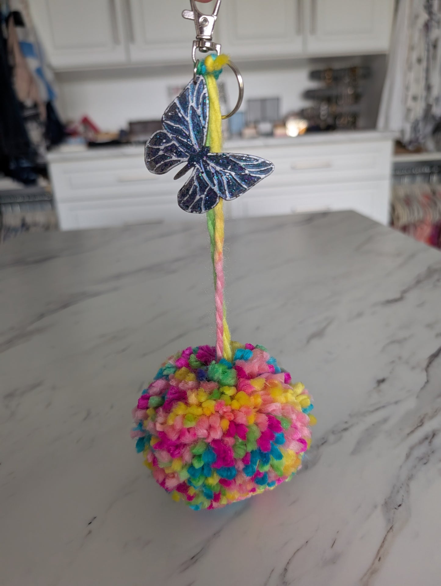 XL Colorful Pom-Pom Charm with Glitter Resin Butterfly Accent