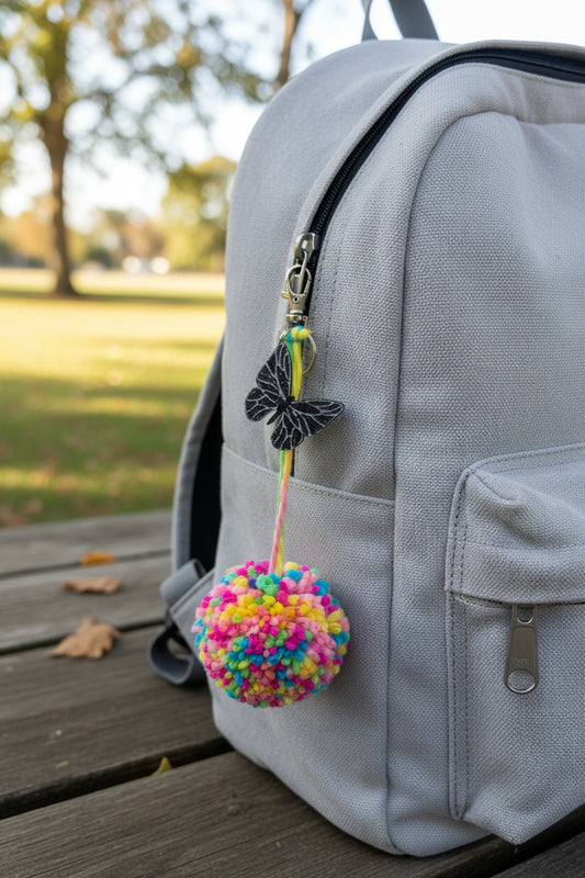 XL Colorful Pom-Pom Charm with Glitter Resin Butterfly Accent