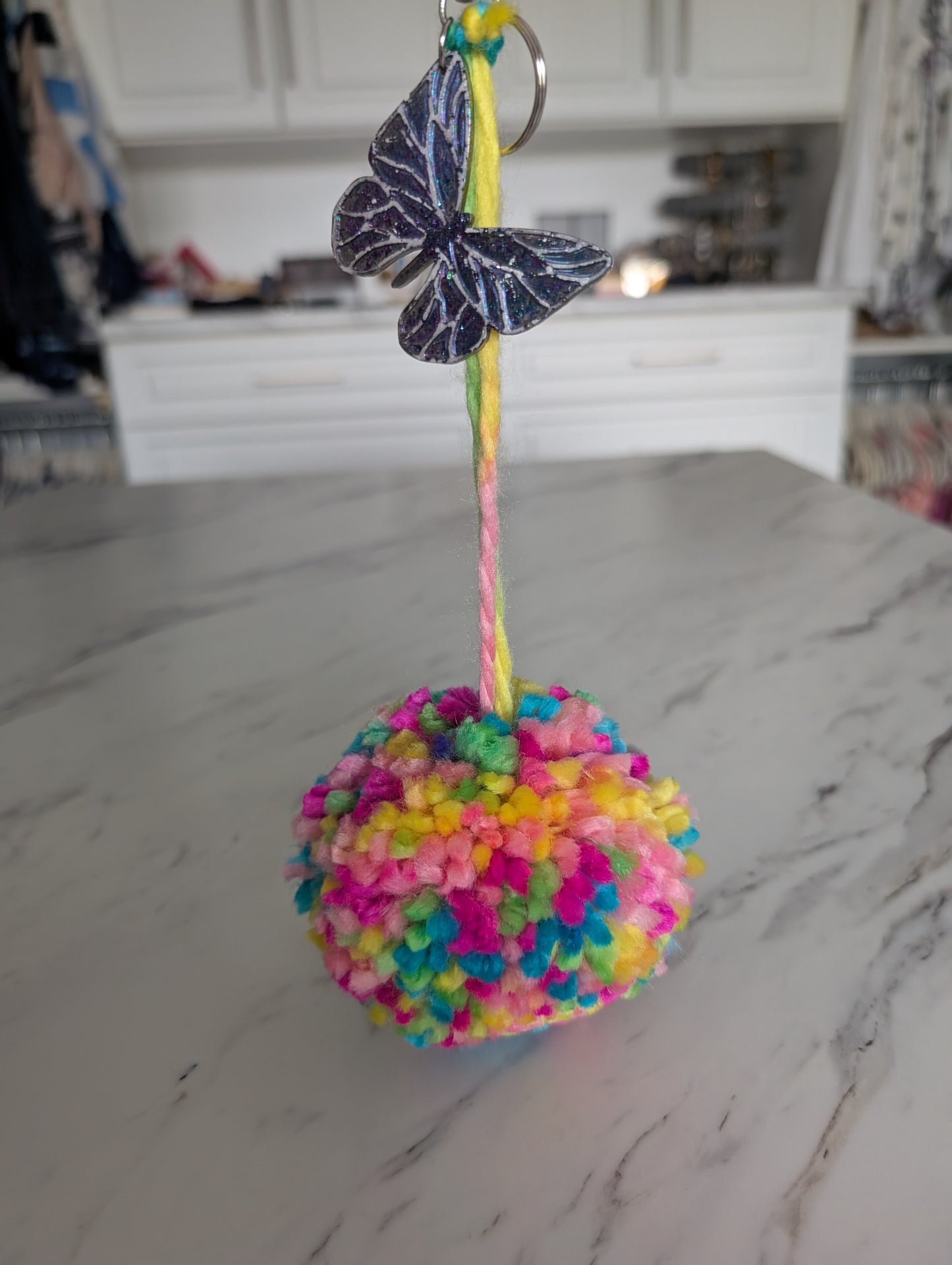 XL Colorful Pom-Pom Charm with Glitter Resin Butterfly Accent