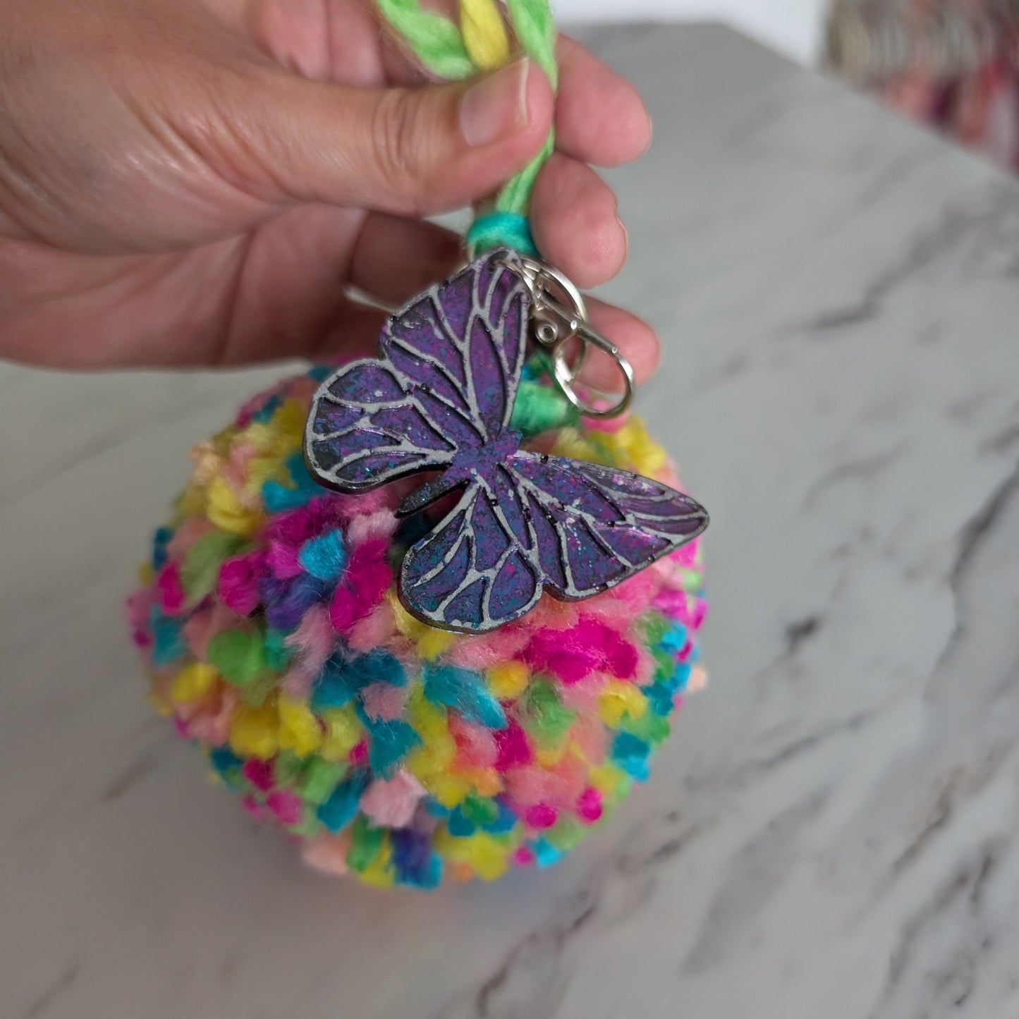 XL Colorful Pom-Pom Charm with Glitter Resin Butterfly Accent