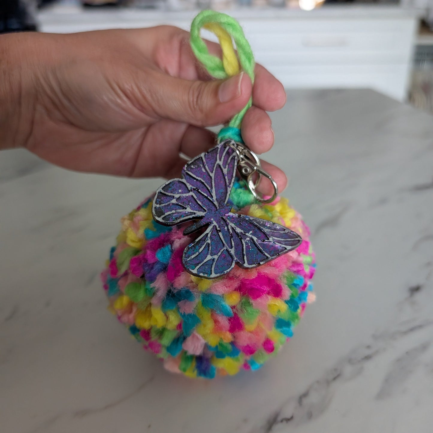XL Colorful Pom-Pom Charm with Glitter Resin Butterfly Accent