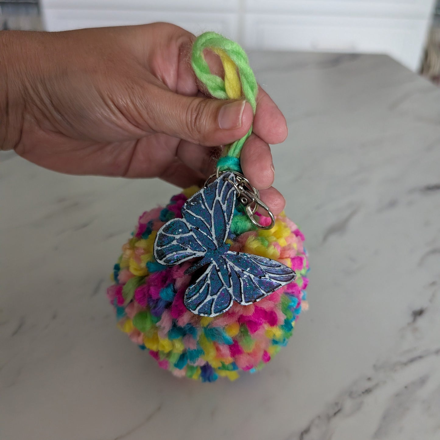 XL Colorful Pom-Pom Charm with Glitter Resin Butterfly Accent