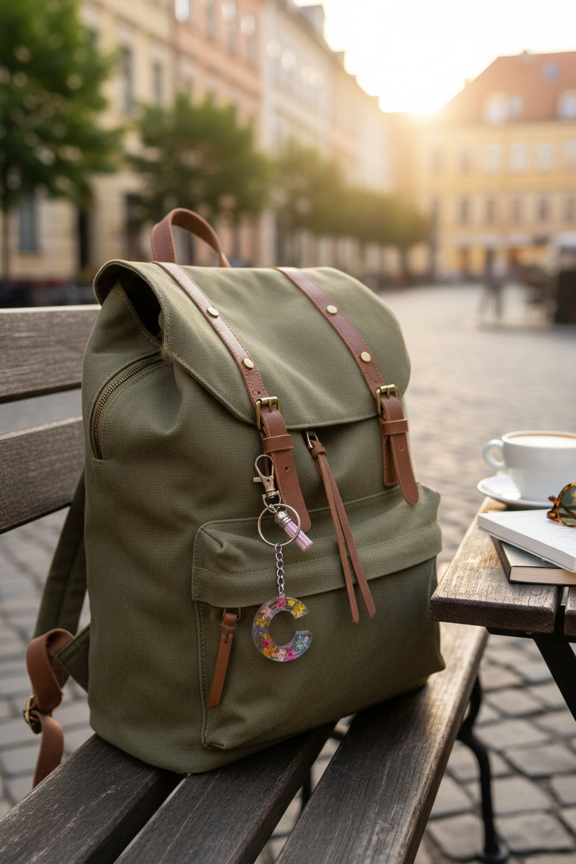 Keychain with floral letter 'C' charm on a backpack